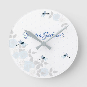 Blue Rose Dragonfly Boy Baby Duschgeschenk Runde Wanduhr