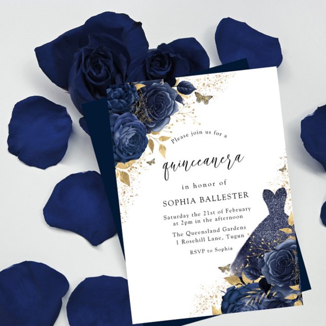 Blue Rose & Dress Gold Quinceanera Party Einladung (Von Creator hochgeladen)