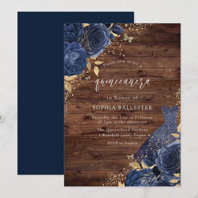Blue Rose Dress Gold Rustikales Quinceanera Party Einladung (Vorne/Hinten)