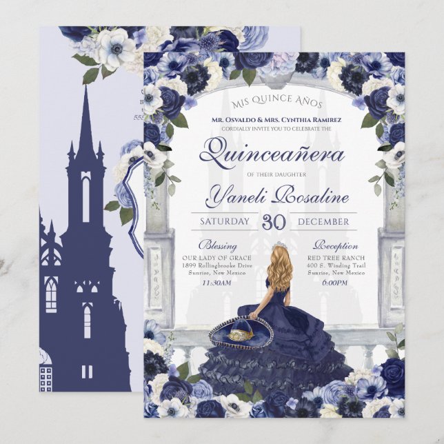 Blue Rose Elegante Charro Princess Quinceanera Einladung (Vorne/Hinten)