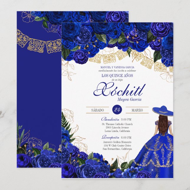 Blue Rose Elegante Charro Quinceanera Einladung (Vorne/Hinten)