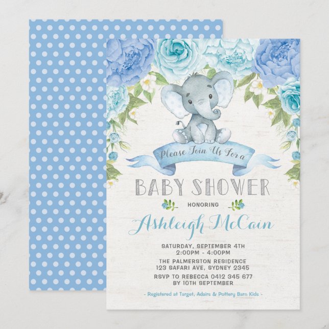 Blue Rose Elephant Baby Shower Jungle Einladung (Vorne/Hinten)