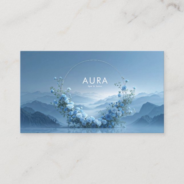 Blue Rose Floral Arch Misty Mountain Lake Visitenkarte (Vorderseite)