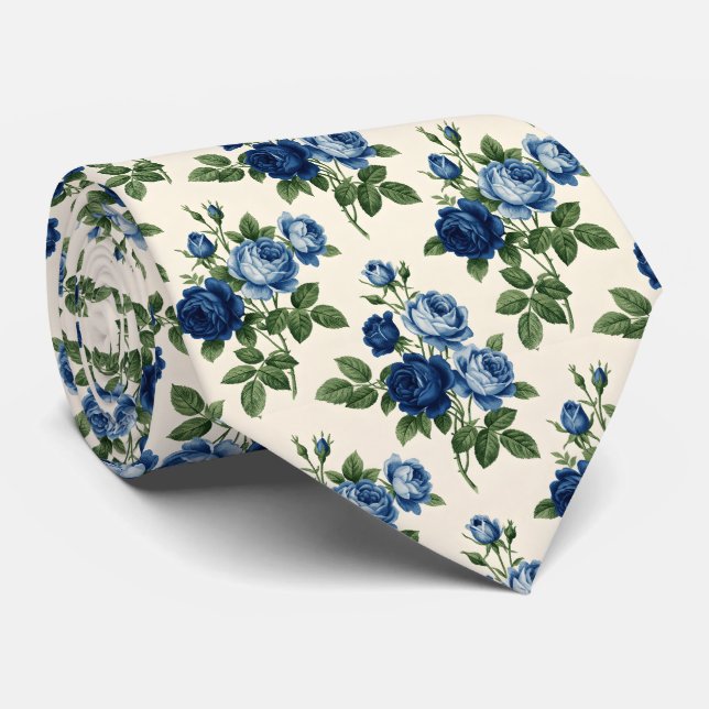 Blue Rose Floral Pattern Krawatte (Gerollt)