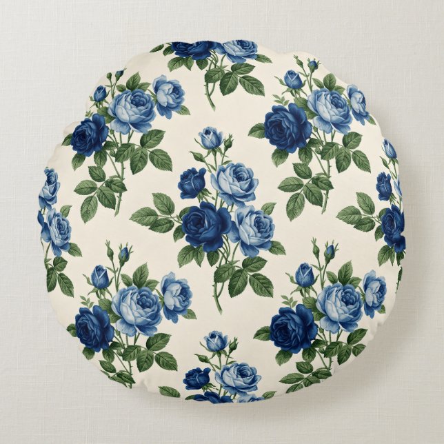 Blue Rose Floral Pattern Rundes Kissen (Vorderseite)