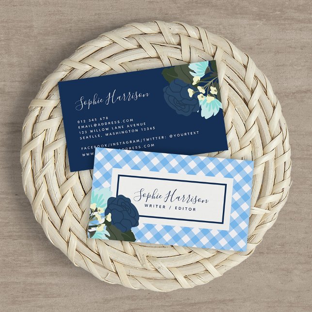 Blue Rose Floral und Blue Gingham Visitenkarte (Von Creator hochgeladen)