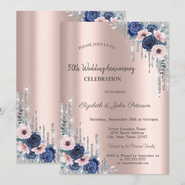 Blue Rose Glitzer Tropfen Rose Gold Jubiläum Einladung (Vorne/Hinten)
