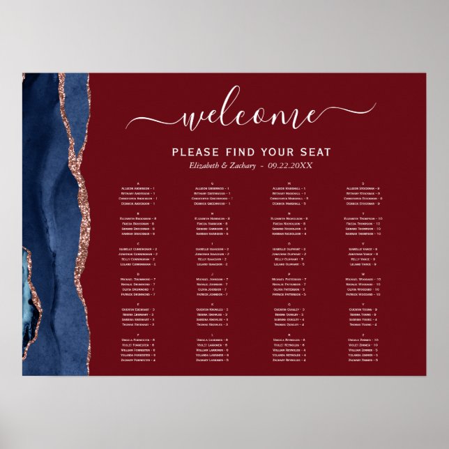 Blue Rose Gold Agate Burgundy Hochzeitssitze Poster (Vorne)