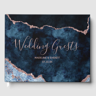 Blue Rose Gold Agate Marble Gilded Wedding Gästebuch