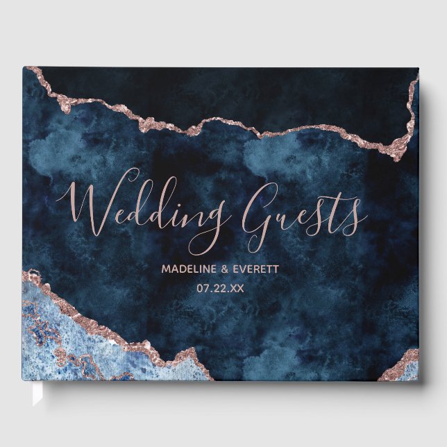 Blue Rose Gold Agate Marble Gilded Wedding Gästebuch (Vorderseite)
