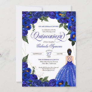 Blue Rose & Gold Extravagant Ball Gown Quinceanera Einladung