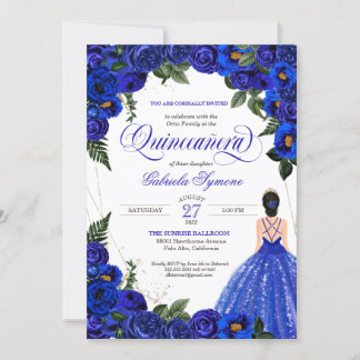 Blue Rose & Gold Extravagant Ball Gown Quinceanera Einladung