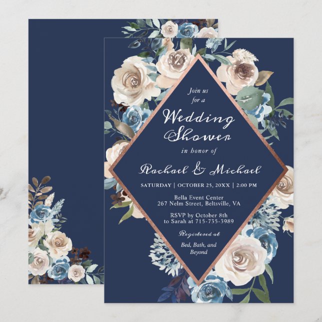 Blue Rose Gold Floral Wedding Couples Dusche Einladung (Vorne/Hinten)