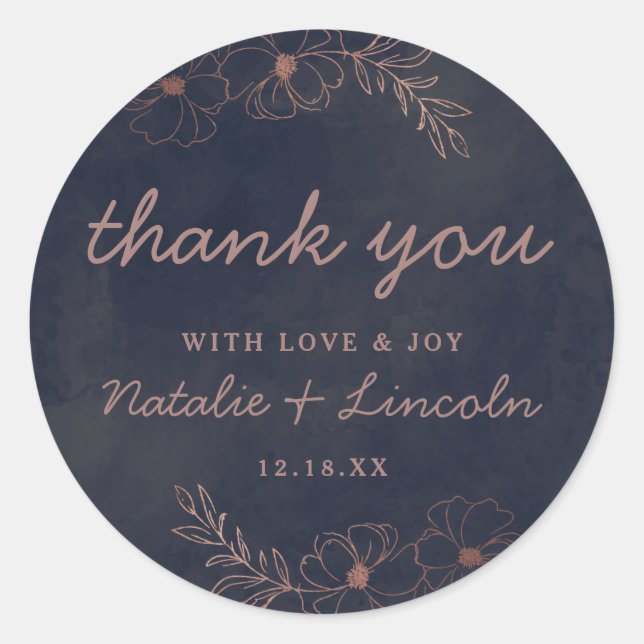 Blue & Rose Gold Foil Chic Hochzeit Vielen Dank Runder Aufkleber (Vorderseite)