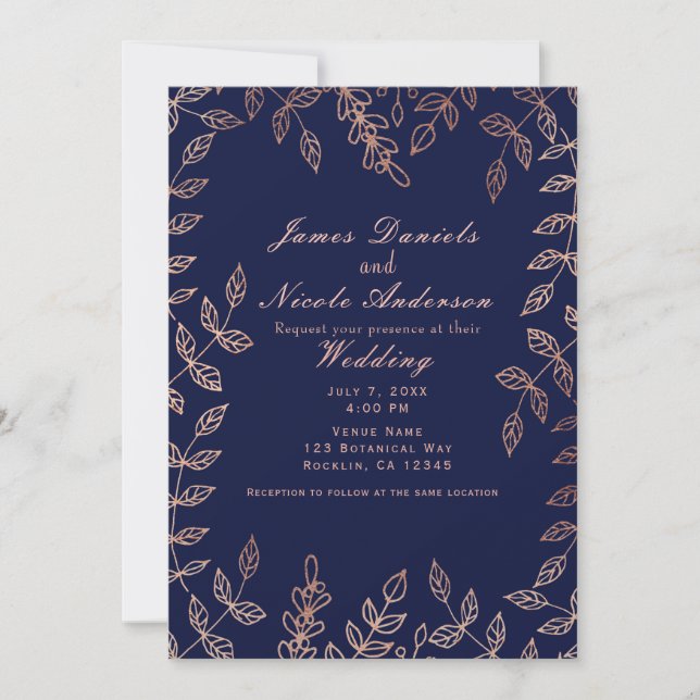 Blue & Rose Gold Glam Botanische Hochzeit Einladung (Vorderseite)