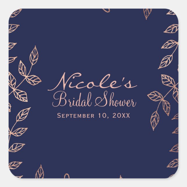Blue & Rose Gold Glam Botanische Hochzeit Quadratischer Aufkleber (Vorderseite)
