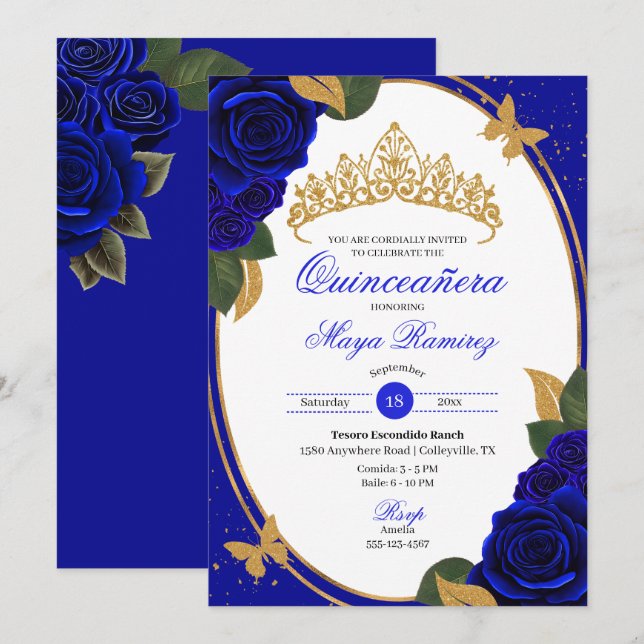 Blue Rose Gold Glitzer Butterfly Quinceñera Einladung (Vorne/Hinten)