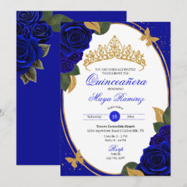 Blue Rose Gold Glitzer Butterfly Quinceñera Einladung