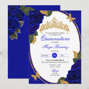 Blue Rose Gold Glitzer Butterfly Quinceñera Einladung