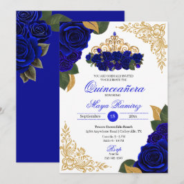 Blue Rose Gold Glitzer Frames Tiara Quinceañera Einladung