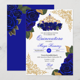 Blue Rose Gold Glitzer Frames Tiara Quinceañera Einladung