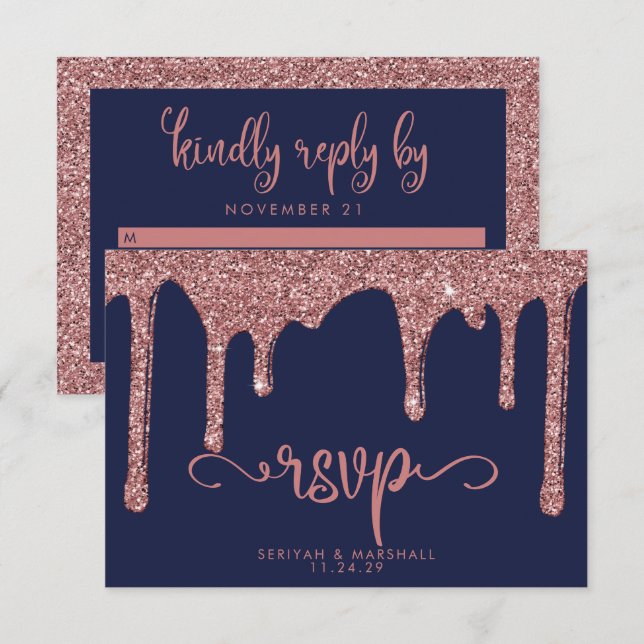 Blue Rose Gold Glitzer Sparkle Wedding RSVP Karte (Vorne/Hinten)