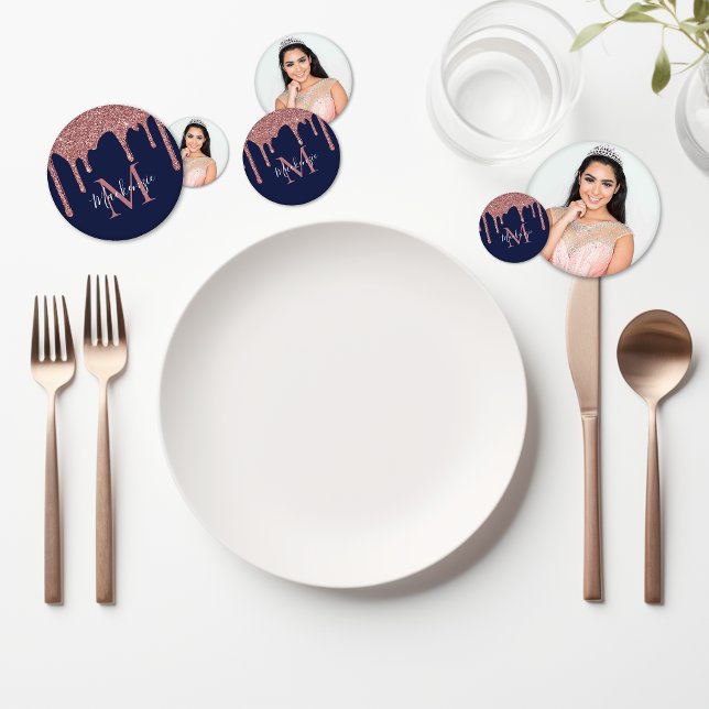 Blue Rose Gold Glitzer Tropfen Geburtstag Konfetti (Navy Blue Rose Gold Glitter Drips Birthday Confetti)