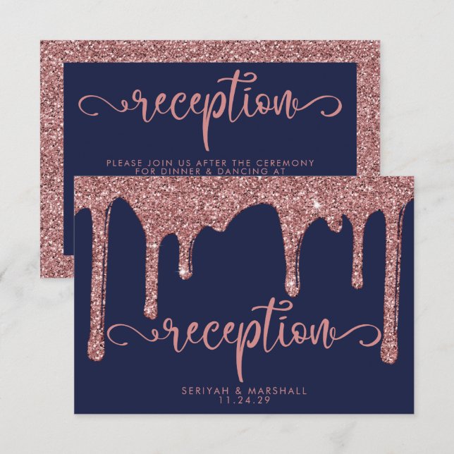 Blue Rose Gold Glitzer Tropfen Hochzeitsempfang Begleitkarte (Vorne/Hinten)