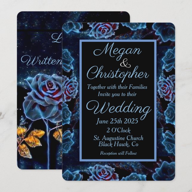 Blue Rose Gold Leaf Night Sky Wedding Einladung (Vorne/Hinten)