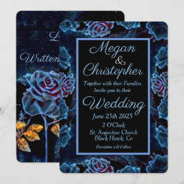 Blue Rose Gold Leaf Night Sky Wedding Einladung