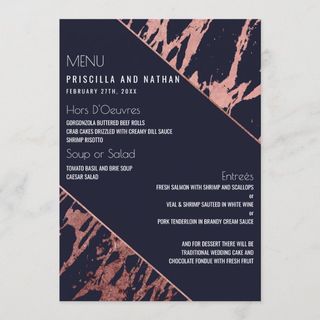 Blue Rose Gold Marble Diagonal Wedding Menu Menükarte (Vorderseite)
