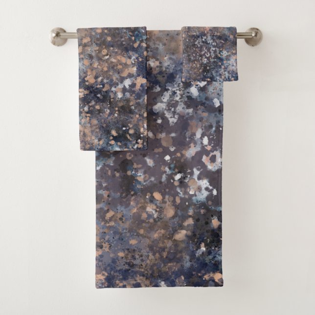 Blue & Rose Gold Paint Spritzer Abstrakter Glamour Badhandtuch Set (Insitu)