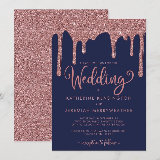 Blue Rose Gold Sparkle Glitzer Hochzeit Einladung (Vorne/Hinten)