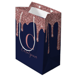Blue Rose Gold Sparkle Glitzer Tropfen Monogram Mittlere Geschenktüte