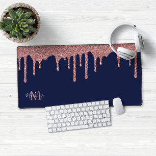Blue Rose Gold Sparkle Glitzer Tropfen Monogram Schreibtischunterlage