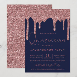Blue Rose Gold Sparkle Glitzer Tropfen Quince Einladung