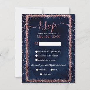 Blue Rose Gold Sprinkled Confetti Wedding RSVP Karte
