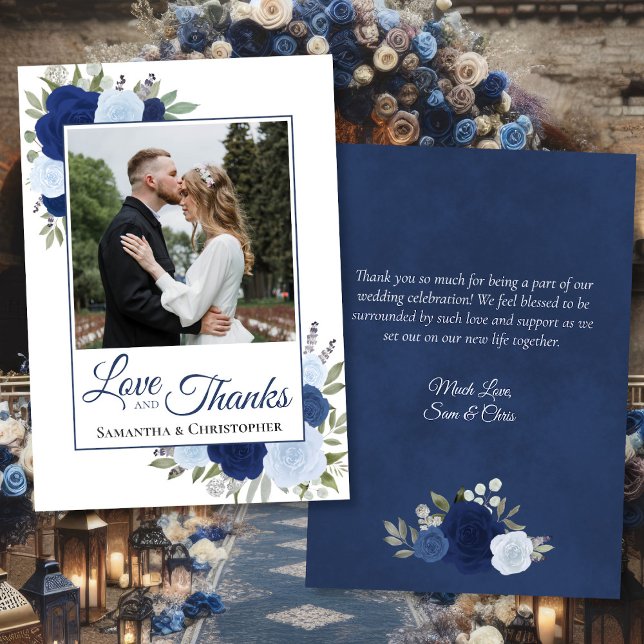 Blue Rose Liebe & Danke mit Hinweis Wedding Foto (Front/Back)