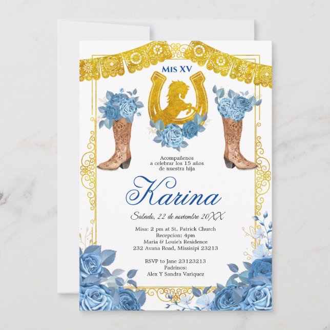 Blue Rose Mexican Charra 15 Quinceanera Einladung (Vorderseite)