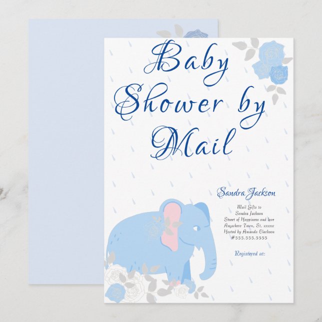 Blue Rose Niedlich Elephant Boy Baby Dusche Einladung (Vorne/Hinten)
