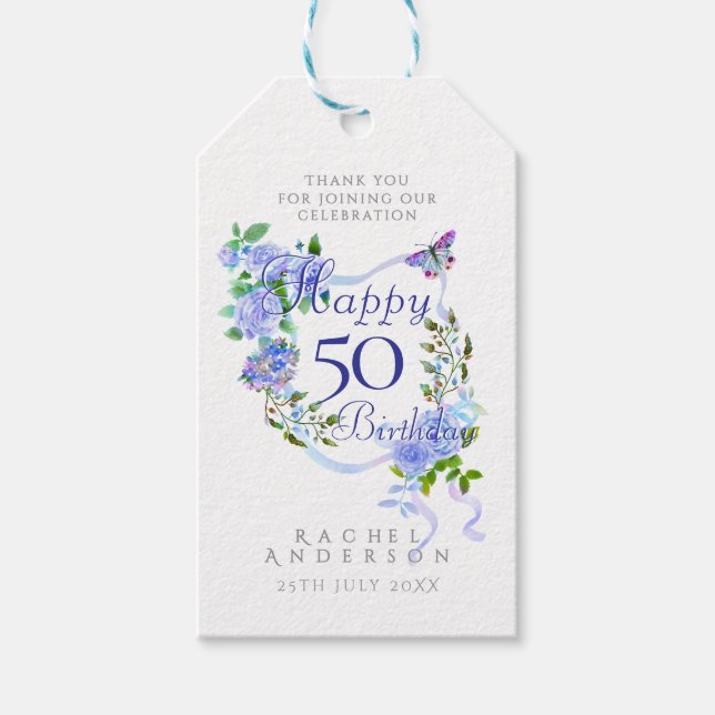 Blue Rose Ribbon 50th Birthday Geschenkanhänger (Vorderseite)