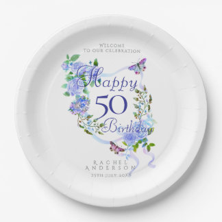Blue Rose Ribbon 50th Birthday Pappteller