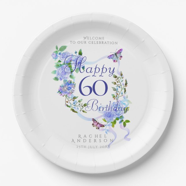 Blue Rose Ribbon 60th Birthday Pappteller (Vorderseite)