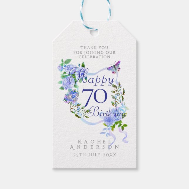 Blue Rose Ribbon 70th Birthday Geschenkanhänger (Vorderseite)