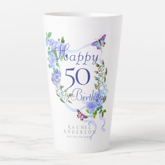Blue Rose Ribbon Geburtstag Milchtasse (Vorderseite)