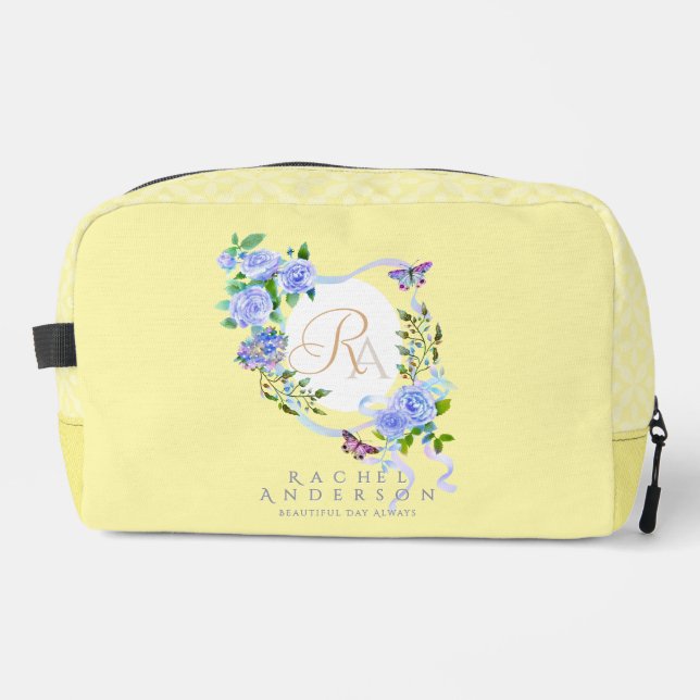 Blue Rose Ribbon Monogram Creme Druckknopfbeutel Waschbeutel (Vorderseite)