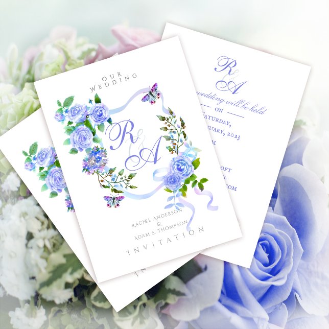 Blue Rose Ribbon Monogram Wedding Invitation Einladung (Trendy Blue Rose Bow Ribbon
Wedding Invitation Card.)