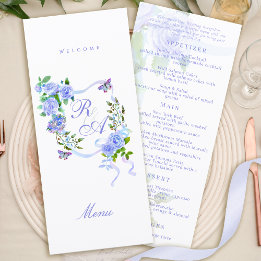 Blue Rose Ribbon Monogram Wedding Menu Menükarte