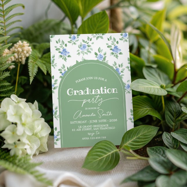 Blue Rose Sage Green Arch Graduation Invite Einladung (Von Creator hochgeladen)