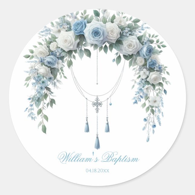 Blue Rose & Silver Cross Baptism Favor Sticker (Vorderseite)